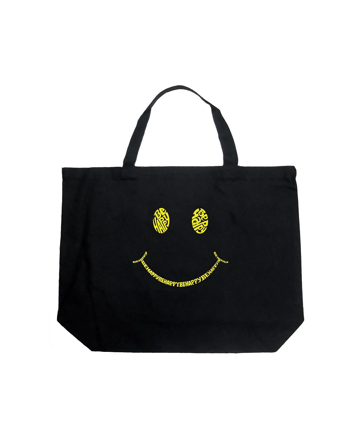 Be Happy Smiley - Large Word Art LA Pop Art Tote Bag, Black