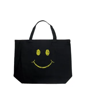 Be Happy Smiley - Large Word Art LA Pop Art Tote Bag, Black