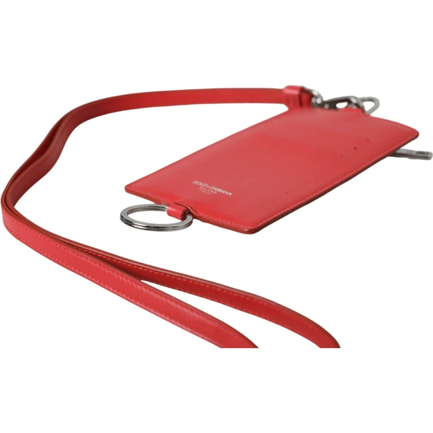 Dolce & Gabbana Red Calfskin Leather Lanyard Logo Card Holder Wallet