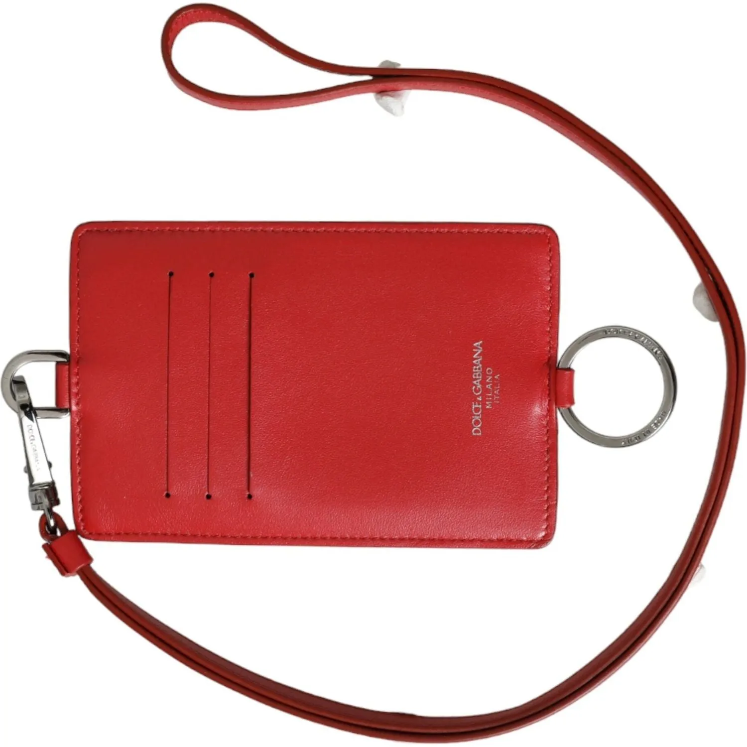 Dolce & Gabbana Red Calfskin Leather Lanyard Logo Card Holder Wallet