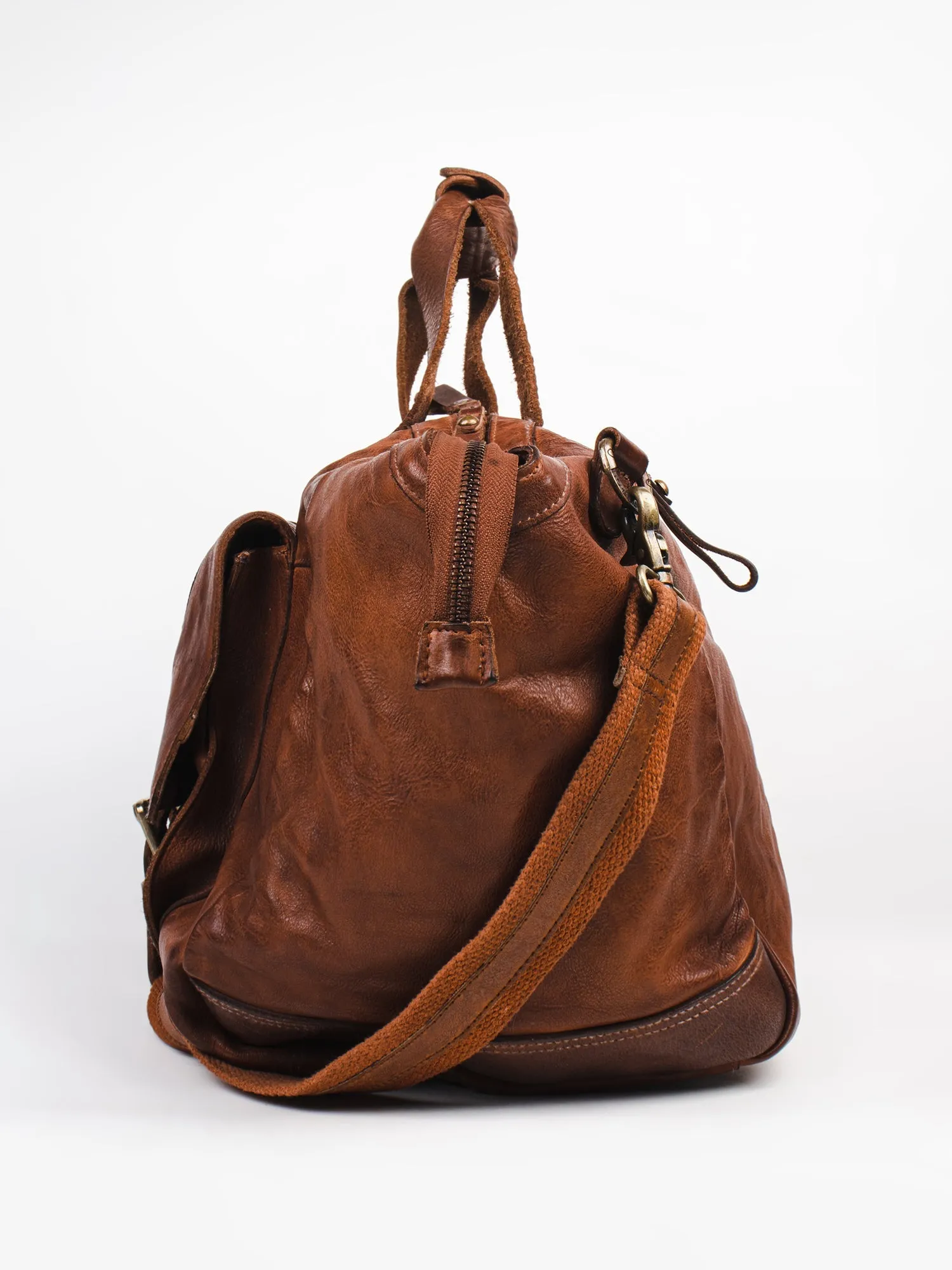 Ethan: Cognac Weekender Bag In Washed Leather For Travel