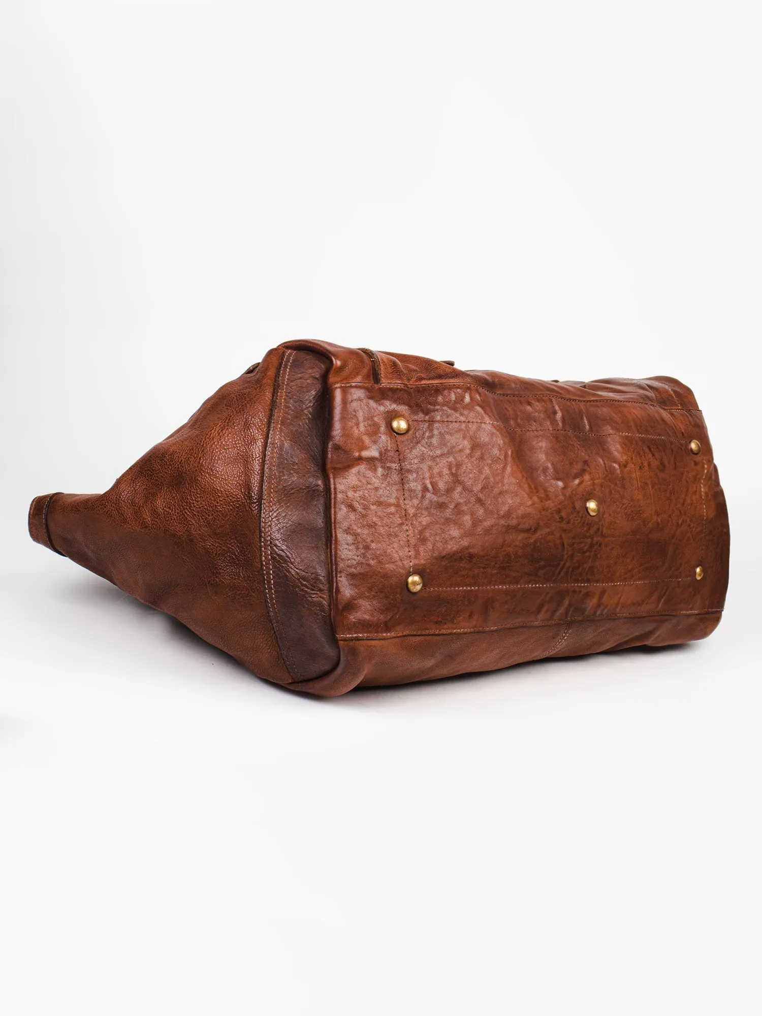 Ethan: Cognac Weekender Bag In Washed Leather For Travel