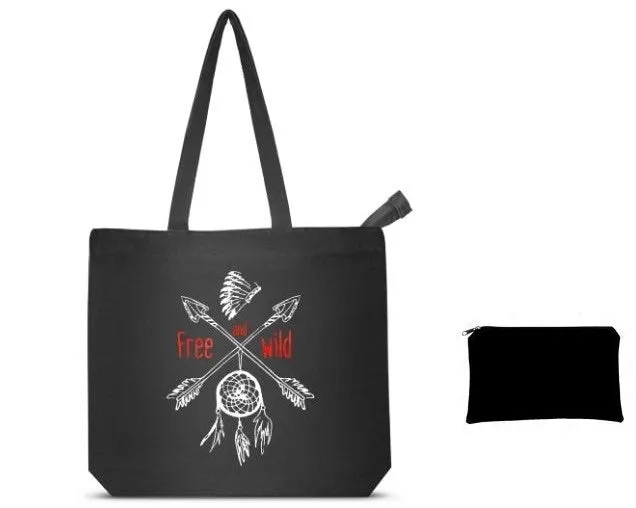 Free and Wild- Premium Cotton Canvas Tote Bag with Zip- Black