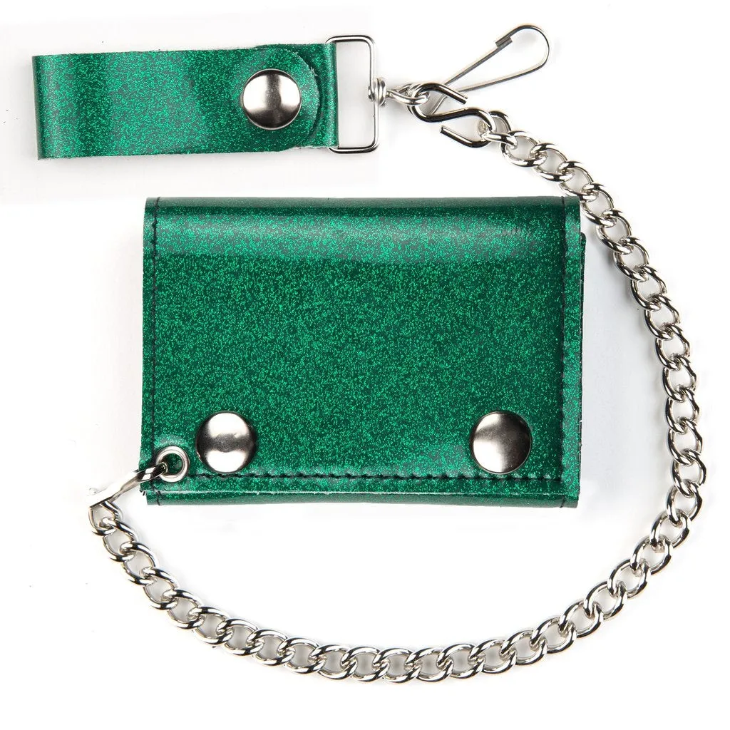 Glitter Vinyl Tri-fold Chain Wallet in Green