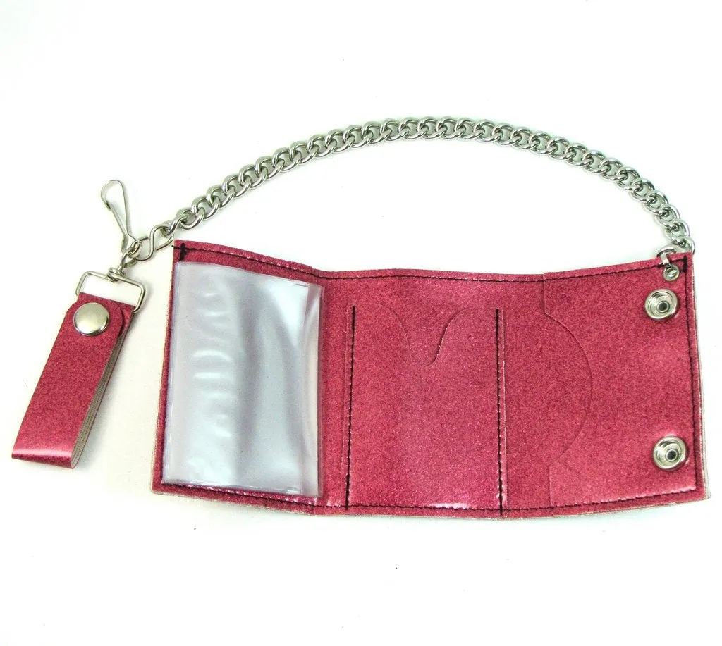 Glitter Vinyl Tri-fold Chain Wallet in Pink