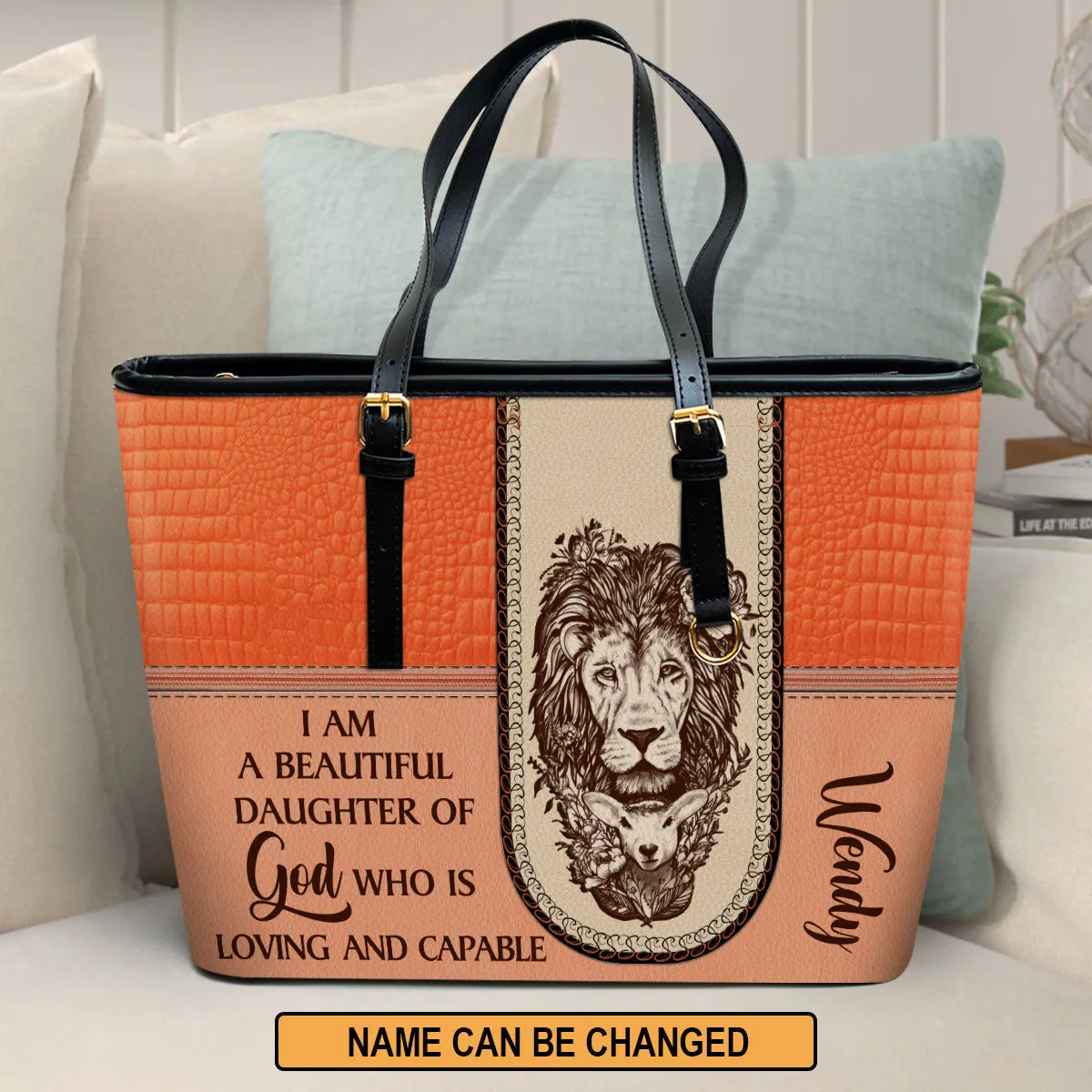 I Am A Daughter Of God Personalized Large Leather Tote Bag - Christian Inspirational Gifts For Women