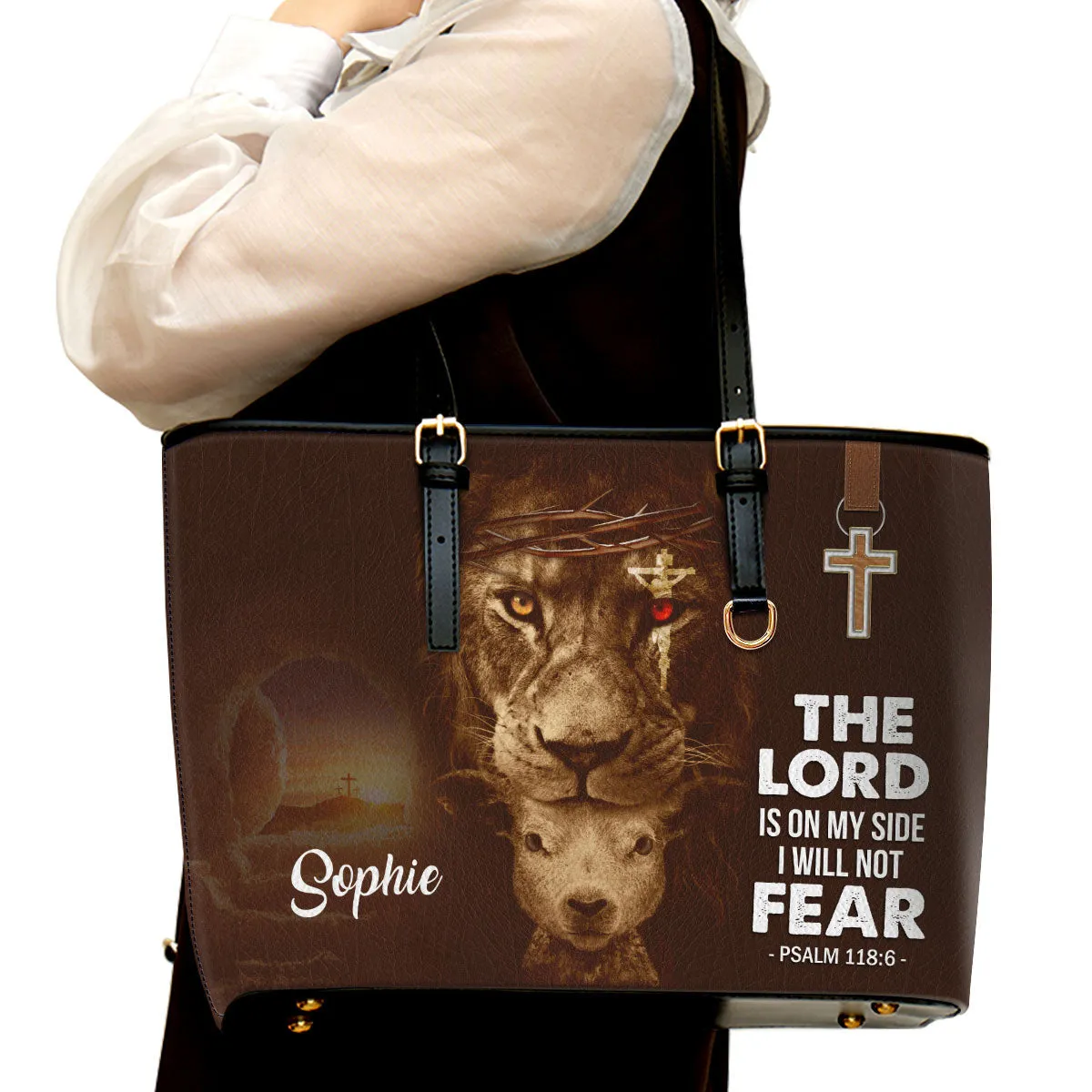 I Will Not Fear Unqiue Personalized Lamb Large Leather Tote Bag - Christian Inspirational Gifts For Women