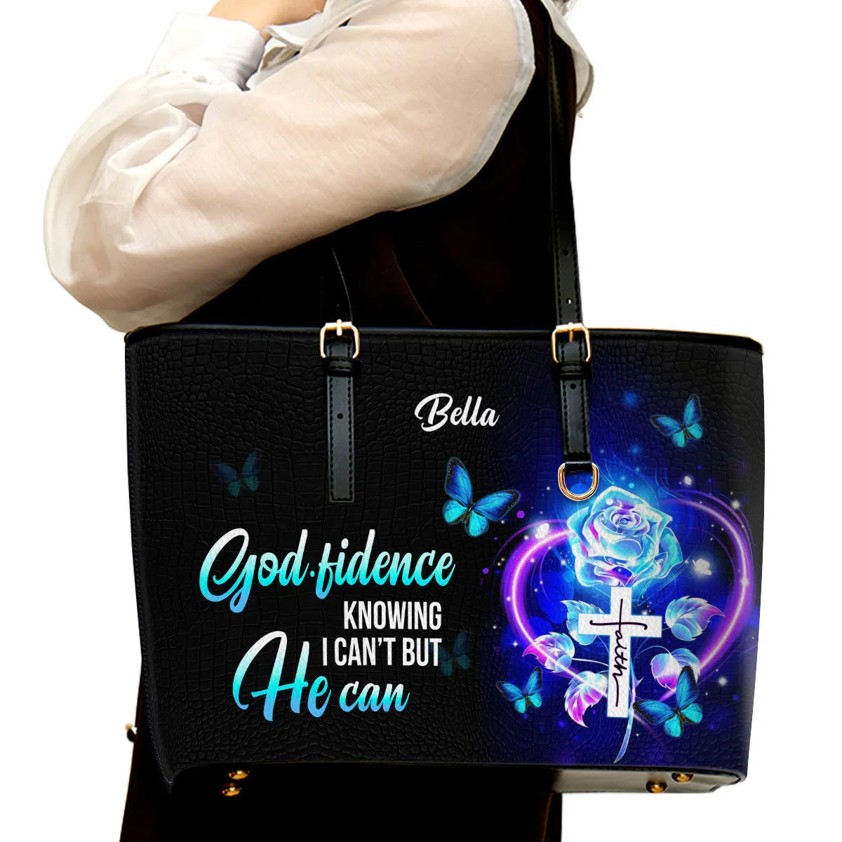 Personalized Large Leather Tote Bag Godfidence Knowing I Can‘t But He Can - Spiritual Gifts For Christian Women