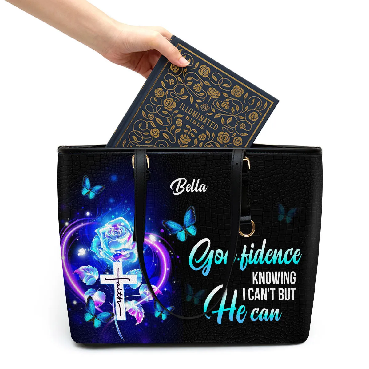 Personalized Large Leather Tote Bag Godfidence Knowing I Can‘t But He Can - Spiritual Gifts For Christian Women