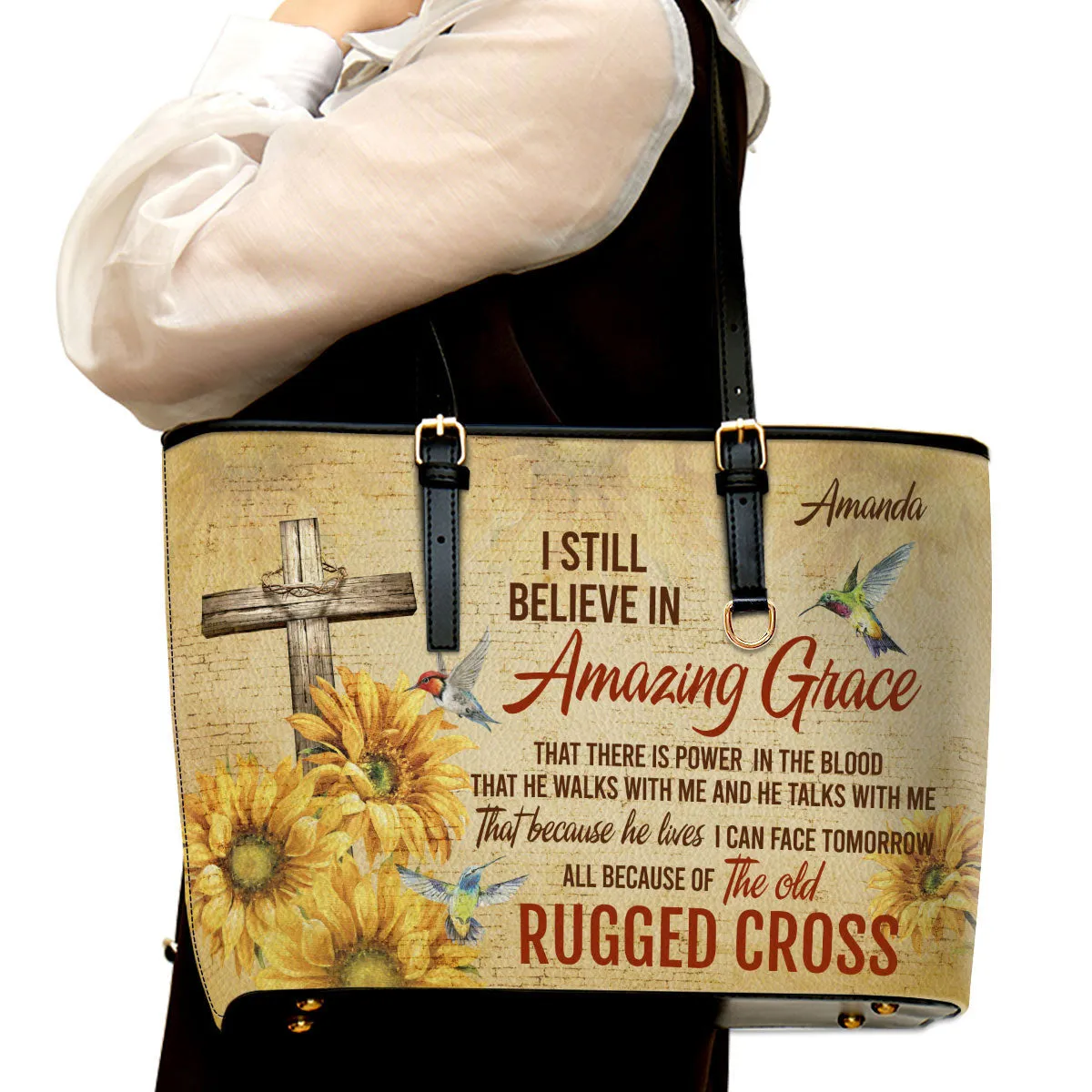 Personalized Leather Tote Bag I Still Believe In Amazing Grace Sunflower And Cross Bible Bag - Religious Gifts For Women Of God