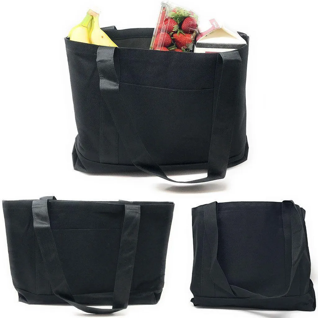 Reusable Grocery Shopping Totes Bags With Wide Bottom Gusset Black Plain