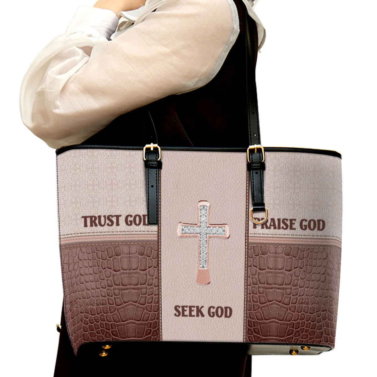 Seek God Trust God Praise God Large Leather Tote Bag - Christ Gifts For Religious Women - Best Mother's Day Gifts