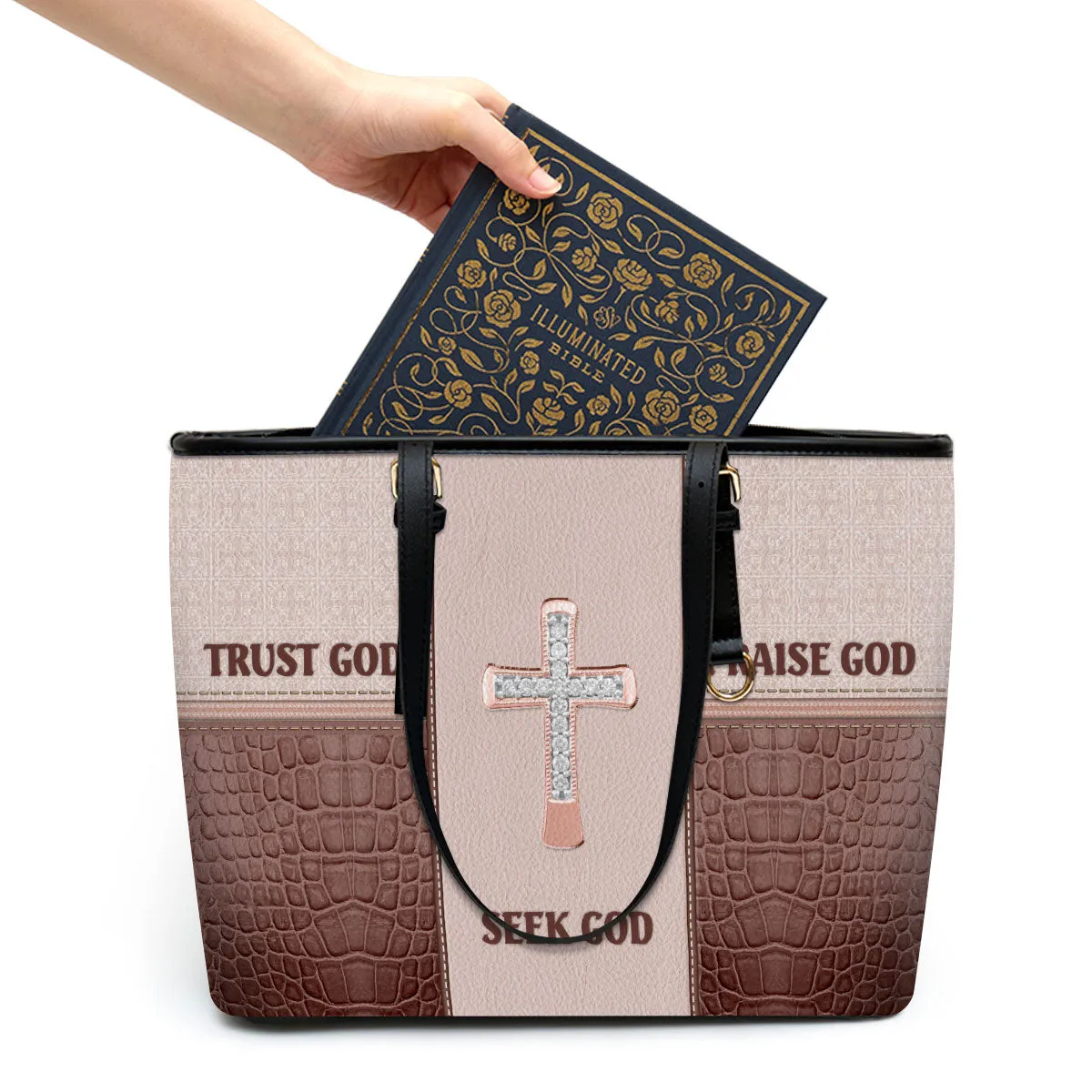 Seek God Trust God Praise God Large Leather Tote Bag - Christ Gifts For Religious Women - Best Mother's Day Gifts