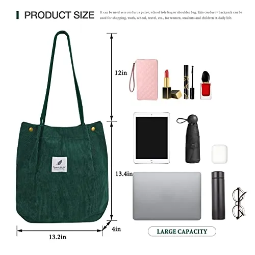 Street27® Korean Canvas Corduroy Tote Bag Casual Work Shoulder Handbags | Multi-Purpose Bag |Sturdy Canvas Bag with Large Capacity | Shopping Bag for Office, College & Daily Use (Green)