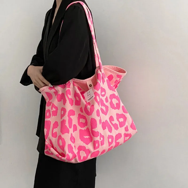 Top-Handle Large Capacity Leopard Print Canvas Shoulder Bags