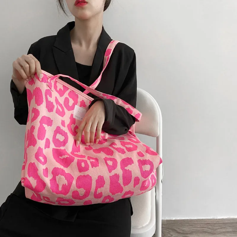 Top-Handle Large Capacity Leopard Print Canvas Shoulder Bags