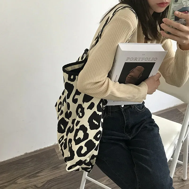 Top-Handle Large Capacity Leopard Print Canvas Shoulder Bags